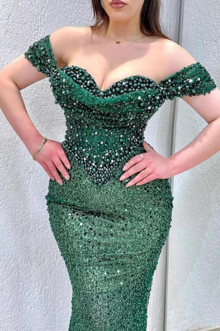 Green Prom Dress Mermaid Sweetheart Beaded Off The Shoulder Sleeveless Formal Dress With Pearls