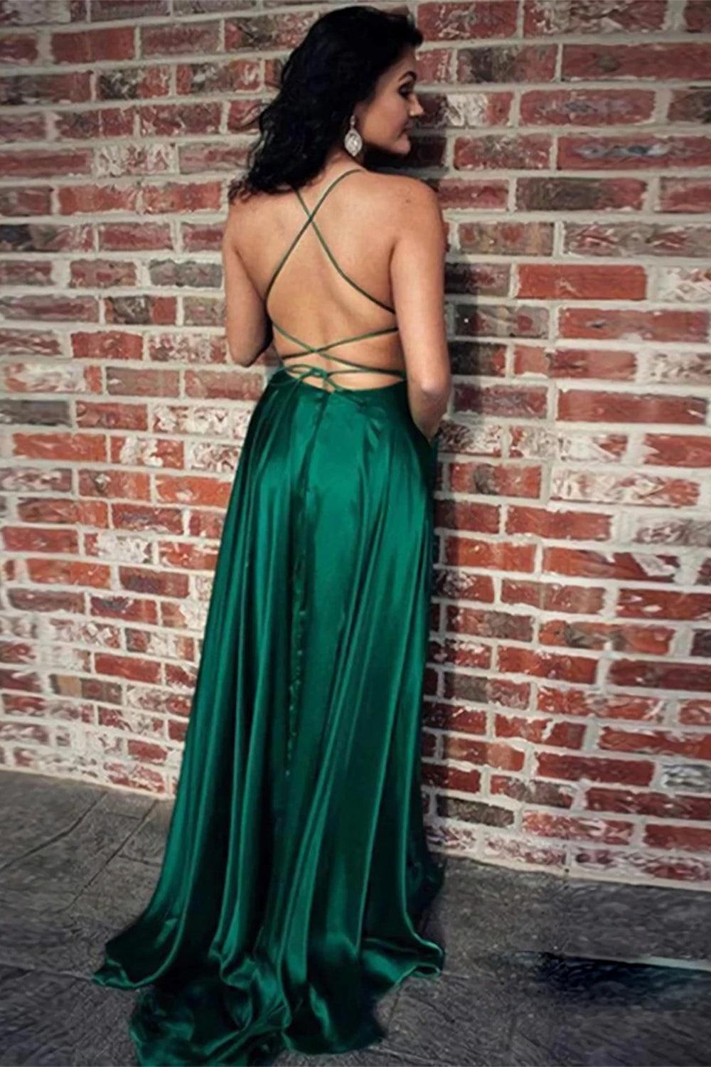 Green Prom Dress Spaghetti Straps Long Evening Dress with Slit