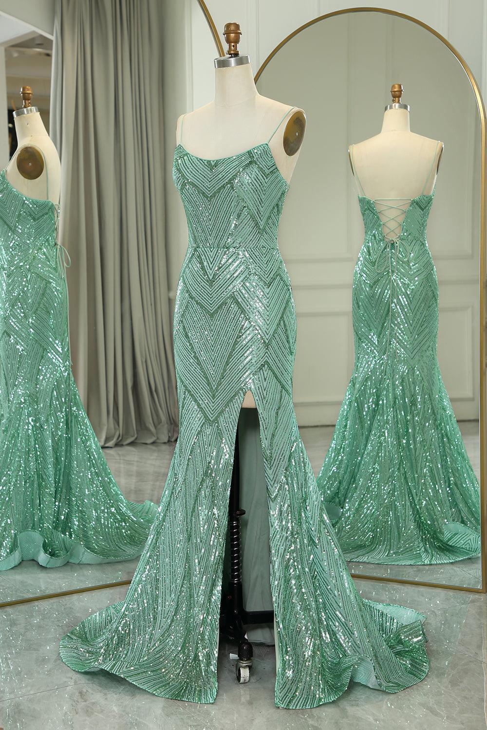 Green Prom Dress Spaghetti Straps Mermaid Sequined Long Evening Dress With Slit
