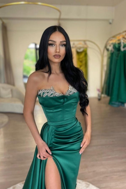 Green Prom Dress Sweetheart A Line Beaded Sleeveless Satin Panel Train Formal Dress With High Slit