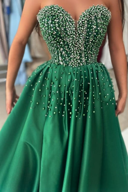Green Prom Dress Sweetheart Strapless Sleeveless Beaded A Line Satin Slit Formal Dress With Pearls And Rhinestones