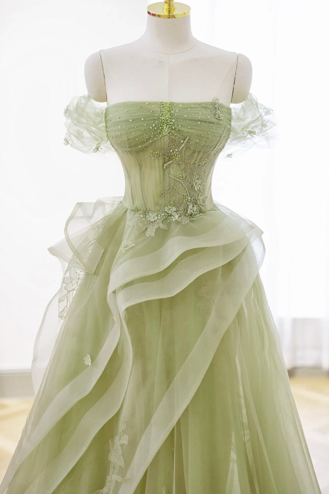 Green Prom Dress Tulle Lace Long Elegant Corset Formal Party Evening Dress