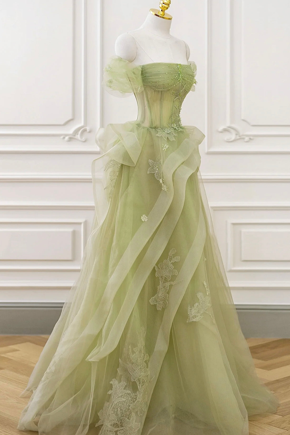 Green Prom Dress Tulle Lace Long Elegant Corset Formal Party Evening Dress