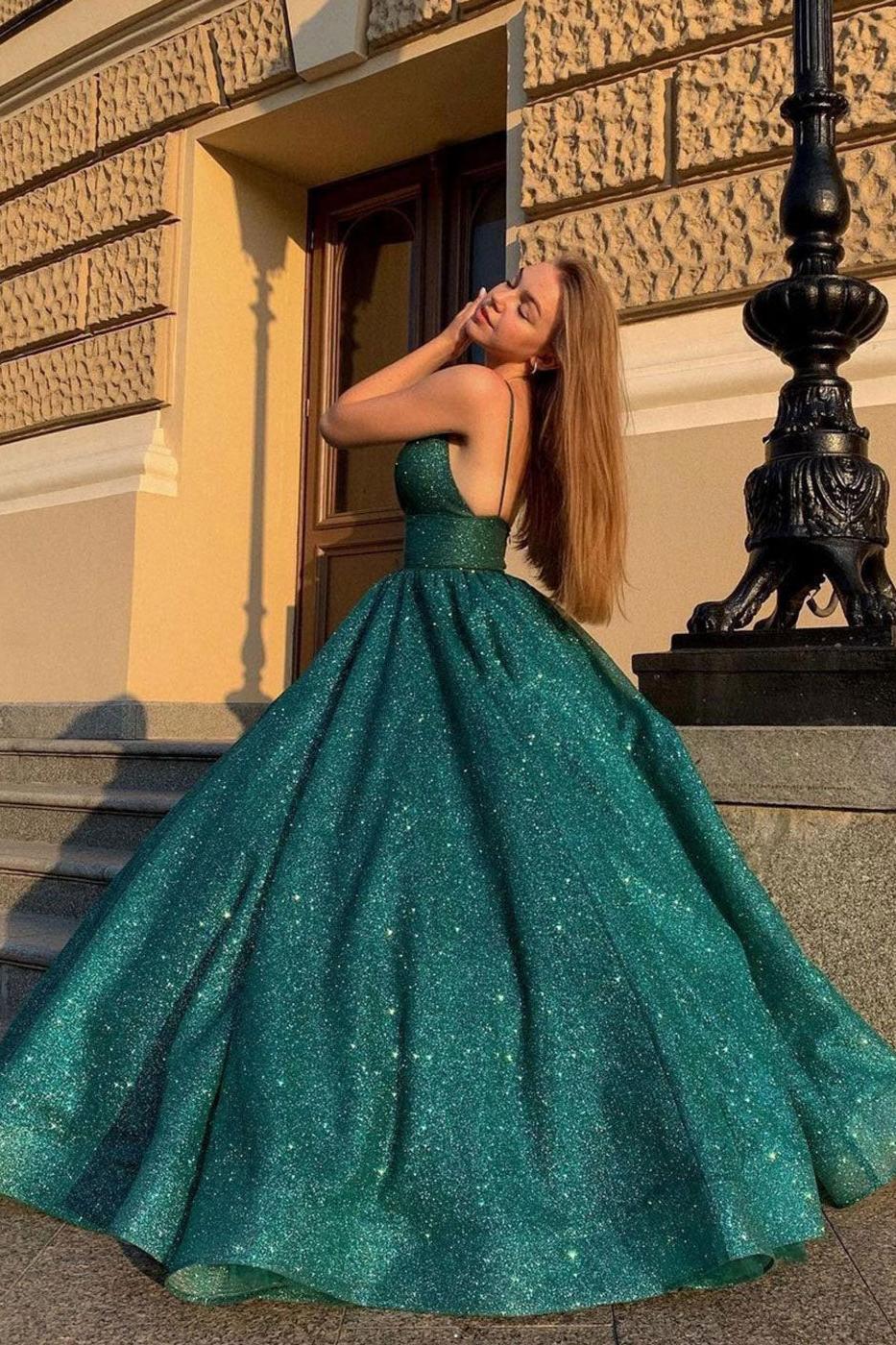 Green Prom Dress V Neck Sequin Long Formal Evening Dress