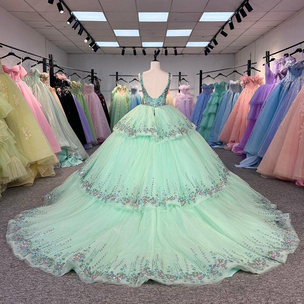 Green Quinceanera Dress Sweet 15 Evening Dress Crystal Sleeveless Ball Gown Beading Sweet 16 Dress