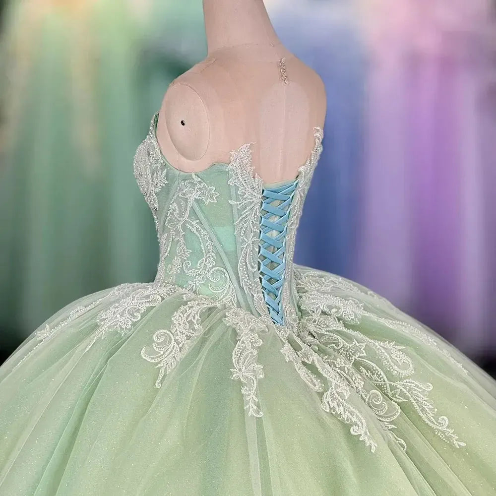 Green Quinceanera Prom Dress Sleeveless Princess Glitter Sweet 16 Dress