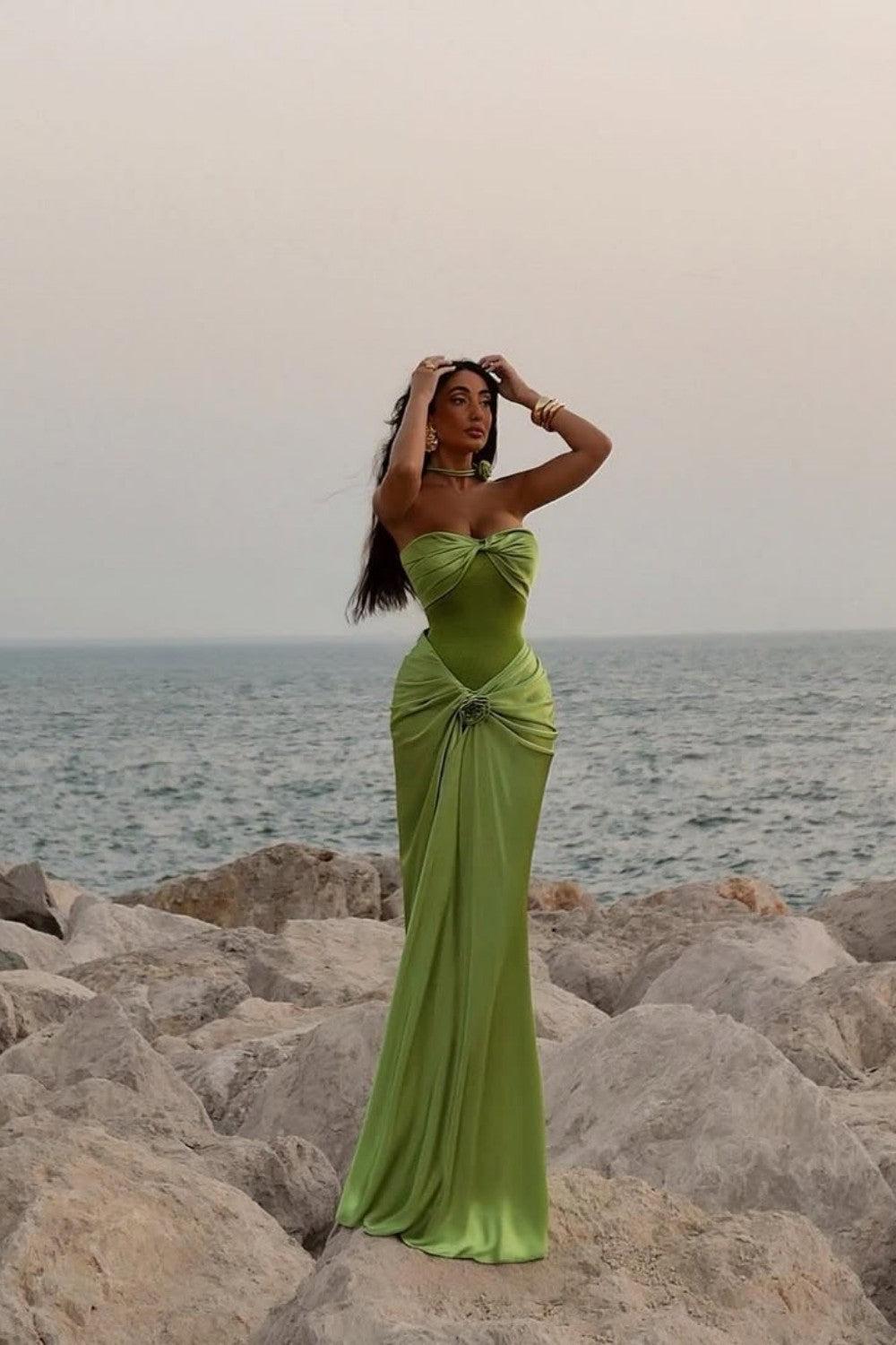Dreamyannie Green Ruched Bodice Mermaid Draped Maxi Prom Dress With Rosette Detail Formal Evening Gown
