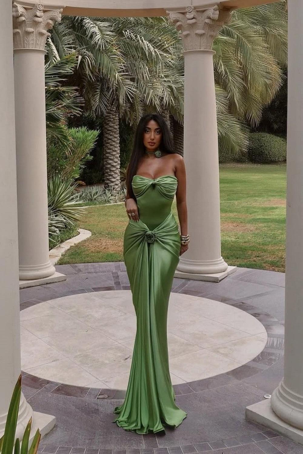 Dreamyannie Green Ruched Bodice Mermaid Draped Maxi Prom Dress With Rosette Detail Formal Evening Gown