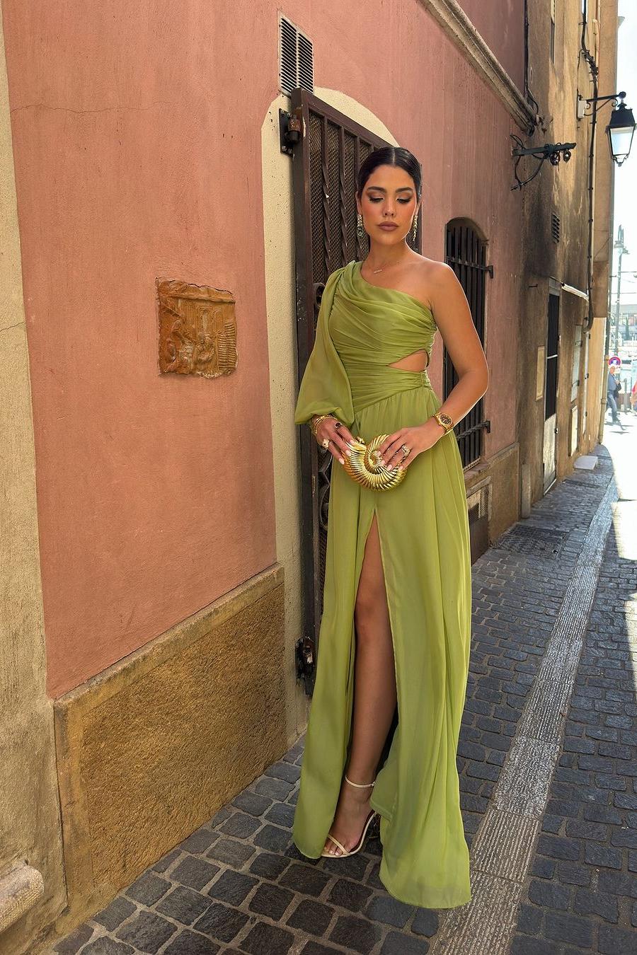 Green Sheath/Column Prom Dress Long Sleeve One Shoulder Evening Dress