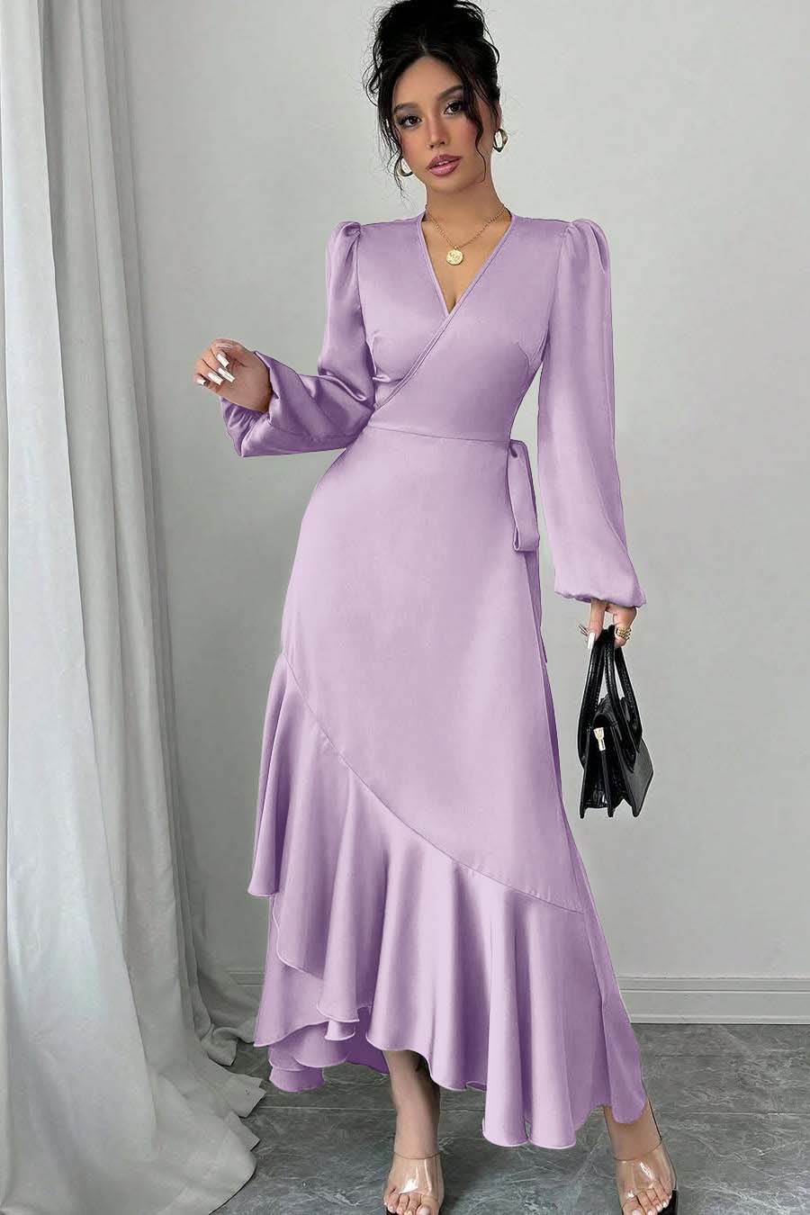 Green Sheath/Column Prom Dress Long Sleeve V Neck Satin Evening Dress