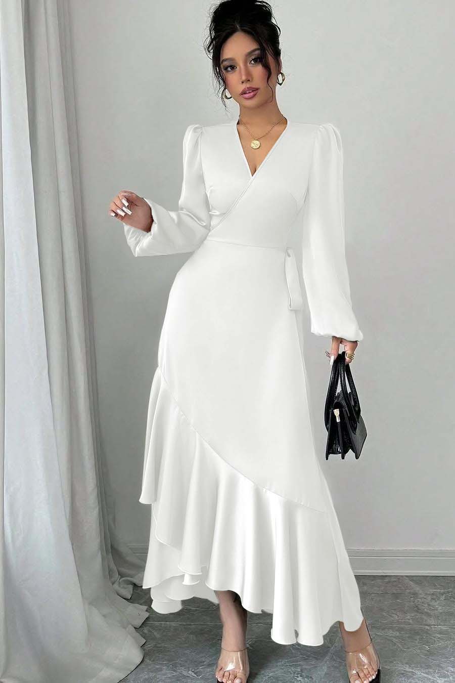 Green Sheath/Column Prom Dress Long Sleeve V Neck Satin Evening Dress