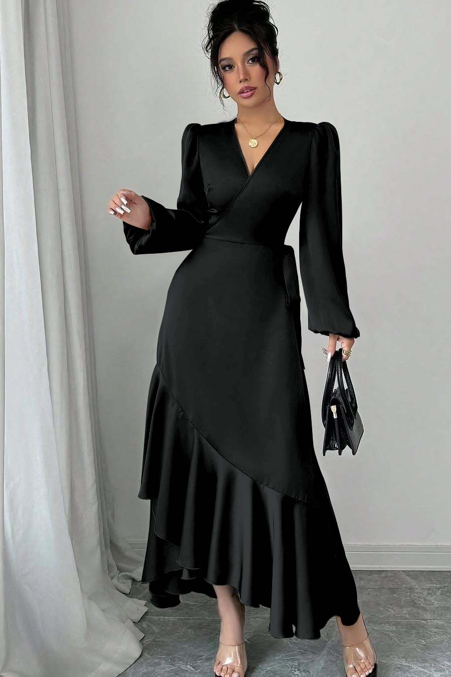 Green Sheath/Column Prom Dress Long Sleeve V Neck Satin Evening Dress