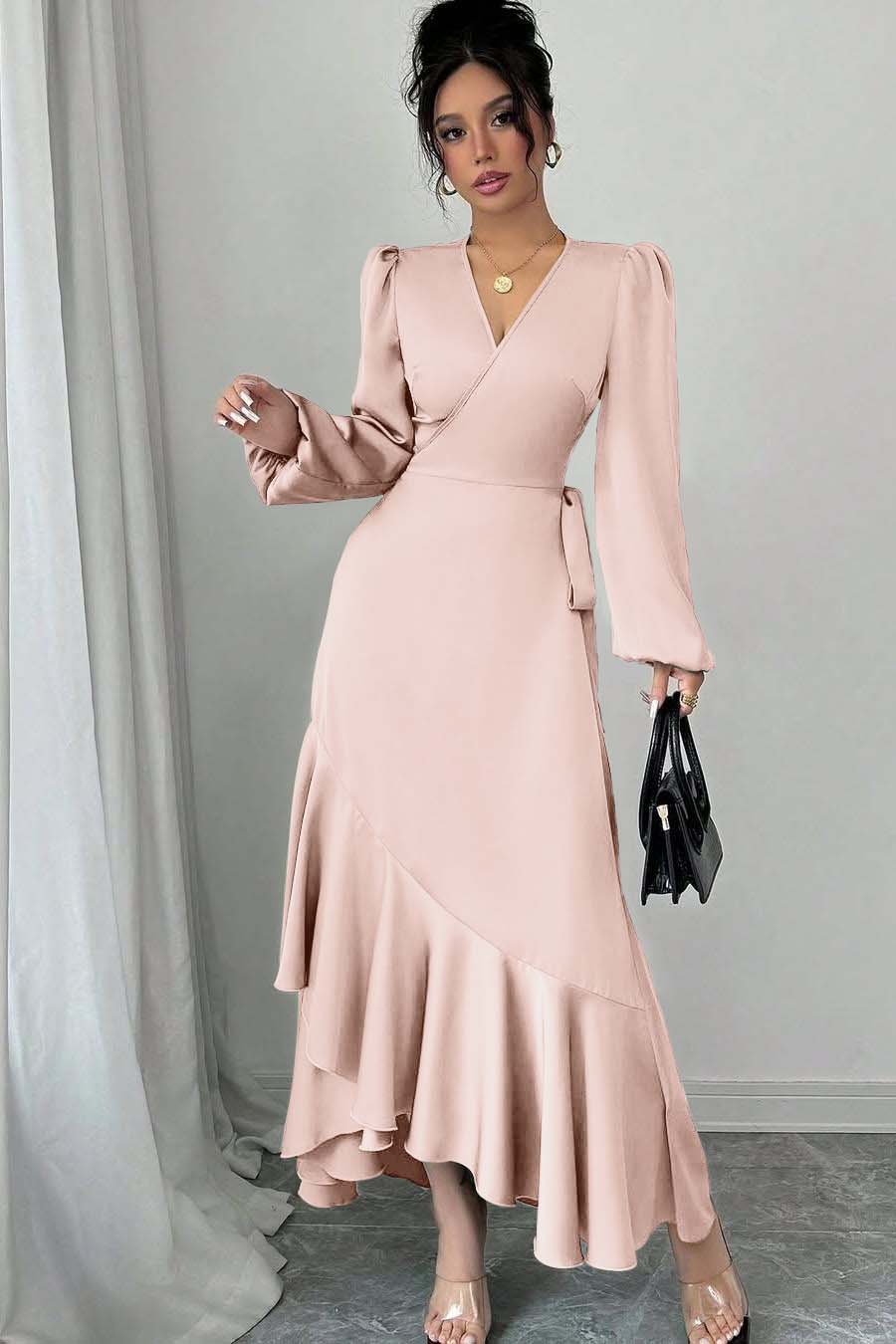 Green Sheath/Column Prom Dress Long Sleeve V Neck Satin Evening Dress