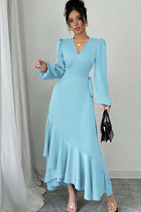 Green Sheath/Column Prom Dress Long Sleeve V Neck Satin Evening Dress
