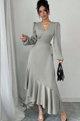 Green Sheath/Column Prom Dress Long Sleeve V Neck Satin Evening Dress