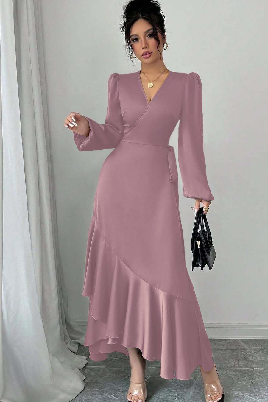 Green Sheath/Column Prom Dress Long Sleeve V Neck Satin Evening Dress