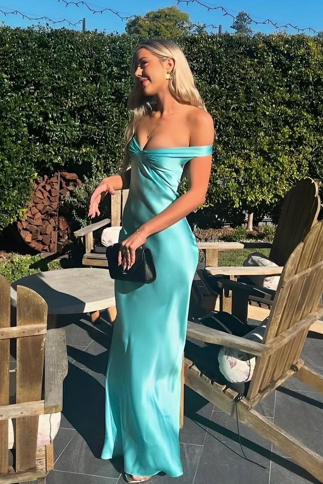 Green Sheath/Column Prom Dress Off the Shoulder Satin Evening Dress