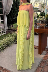 Green Sheath/Column Prom Dress Sleeveless Ruffled Strapless Evening Dress