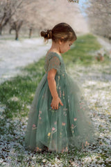 Green Short Sleeves Long Flower Girl Dress With Appliques