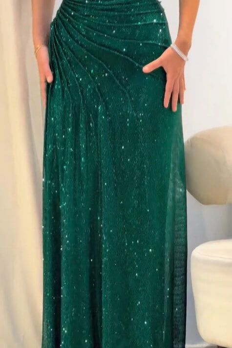 Green Spaghetti Straps Prom Dress Cold Shoulder Sparkly Sheath/Column Formal Dress
