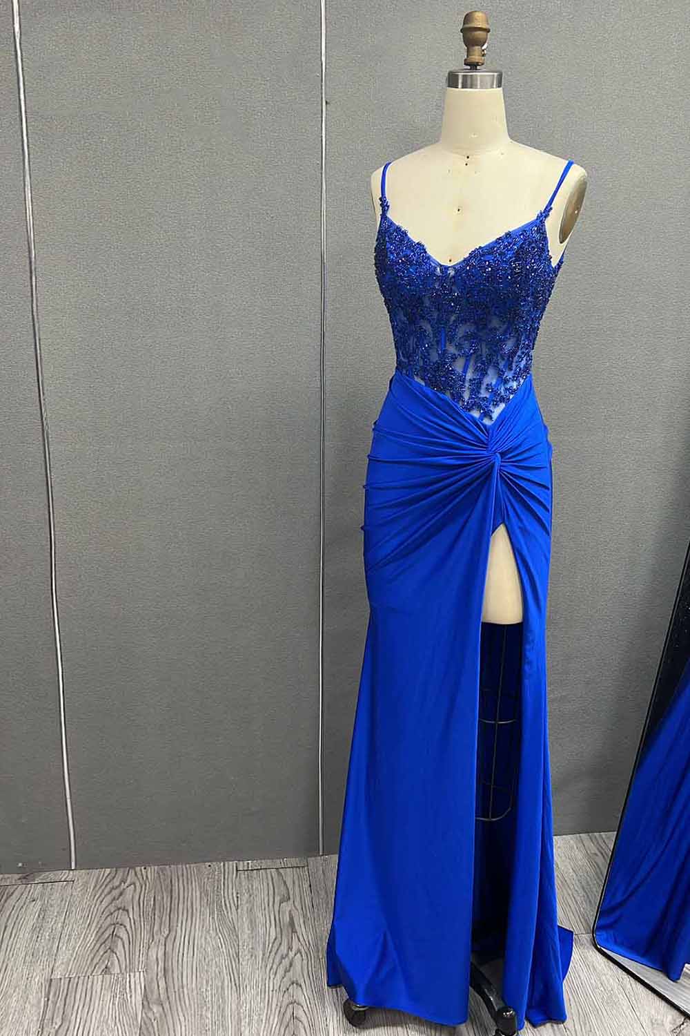 Green Spaghetti Straps Prom Dress Mermaid Satin Evening Dress with Slit