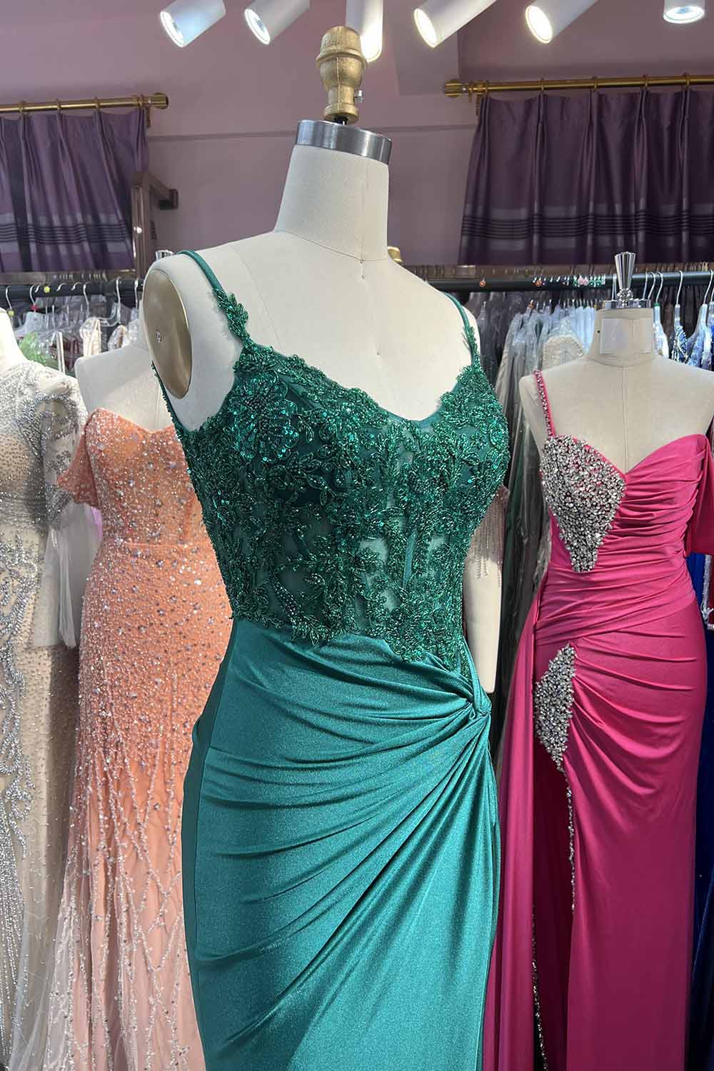 Green Spaghetti Straps Prom Dress Mermaid Satin Evening Dress with Slit