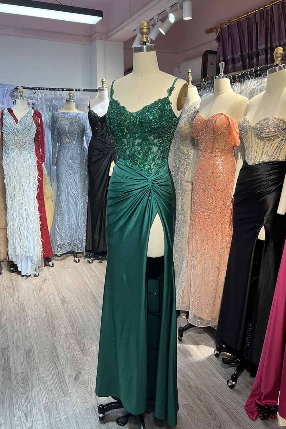 Green Spaghetti Straps Prom Dress Mermaid Satin Evening Dress with Slit