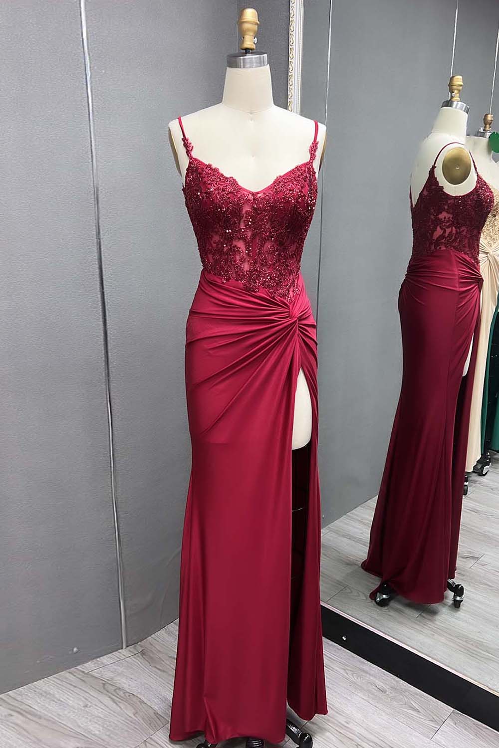 Green Spaghetti Straps Prom Dress Mermaid Satin Evening Dress with Slit