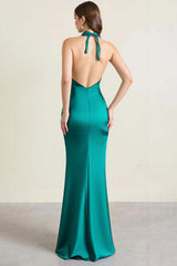 Green Wedding Guest Dress Satin Halter Long Backless Sheath Evening Dress With Slit