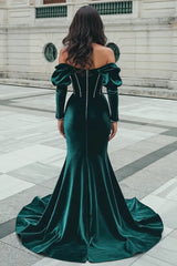 Dreamyannie Green Velvet Formal Dress Mermaid Long Sleeve Christmas Party Dress with Slit