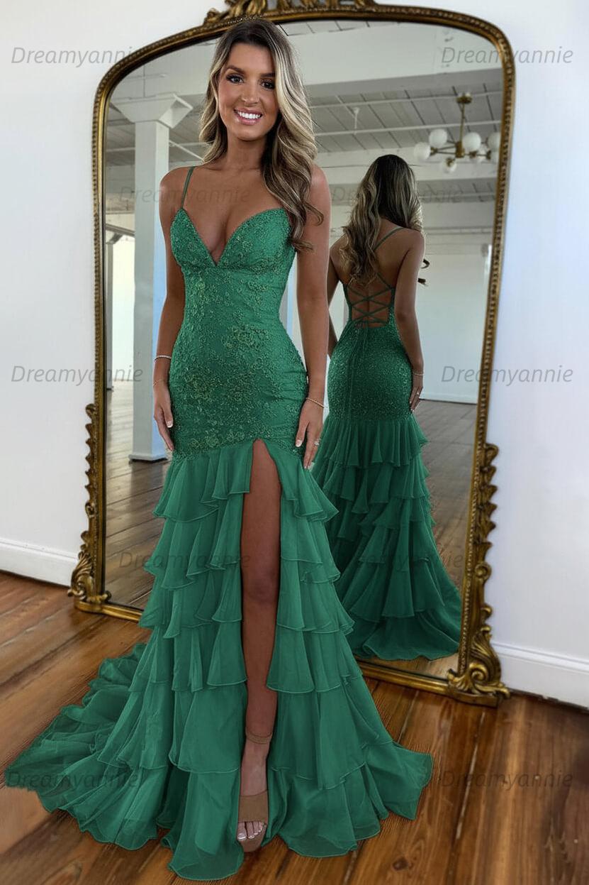 Charming Mermaid Spaghetti Straps Lace Up Long Prom Dress With Ruffle Skirt Formal Evening Gown