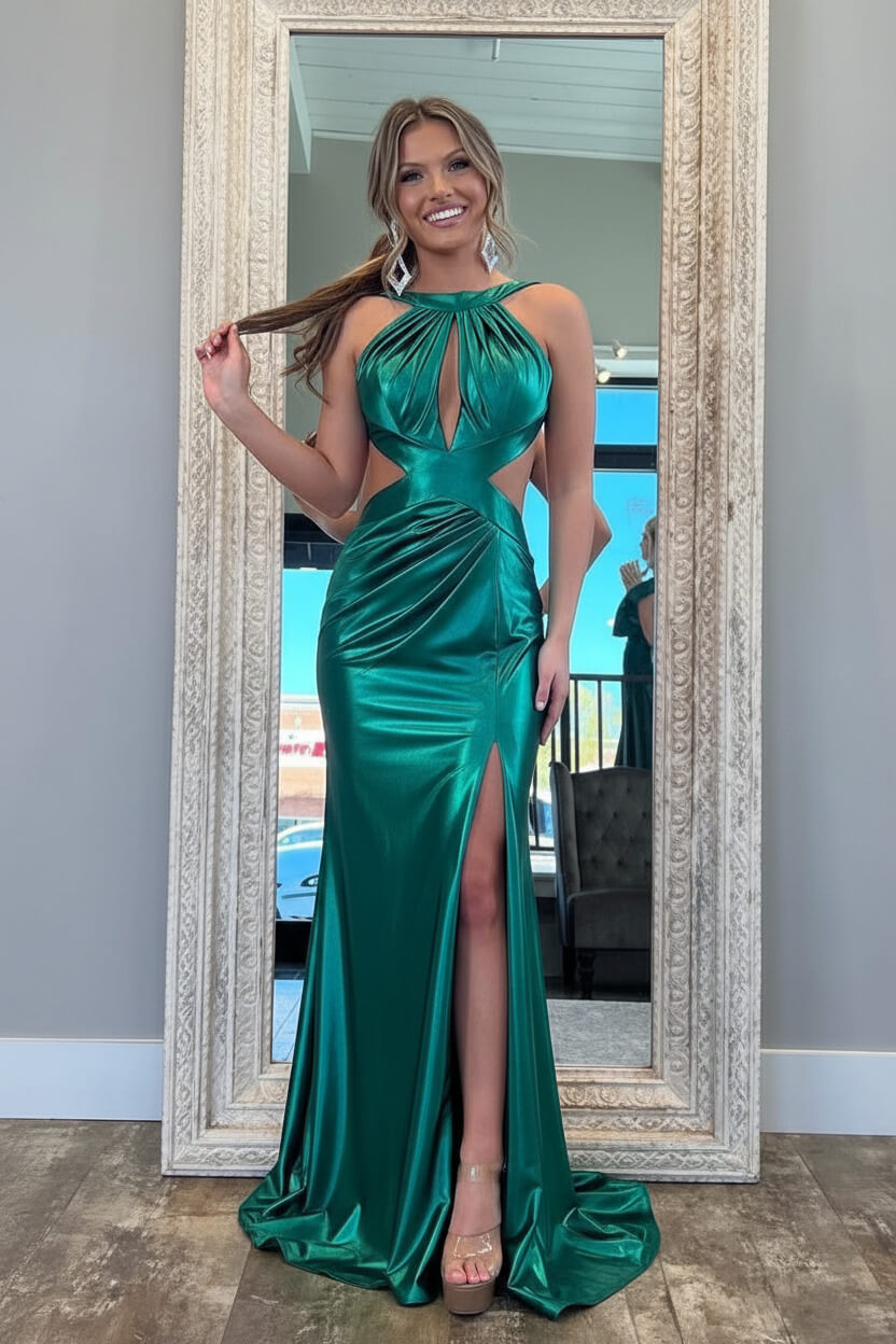 Stylish Fuchsia Metallic Mermaid Prom Dress With Slit And Open Back Formal Evening Gown