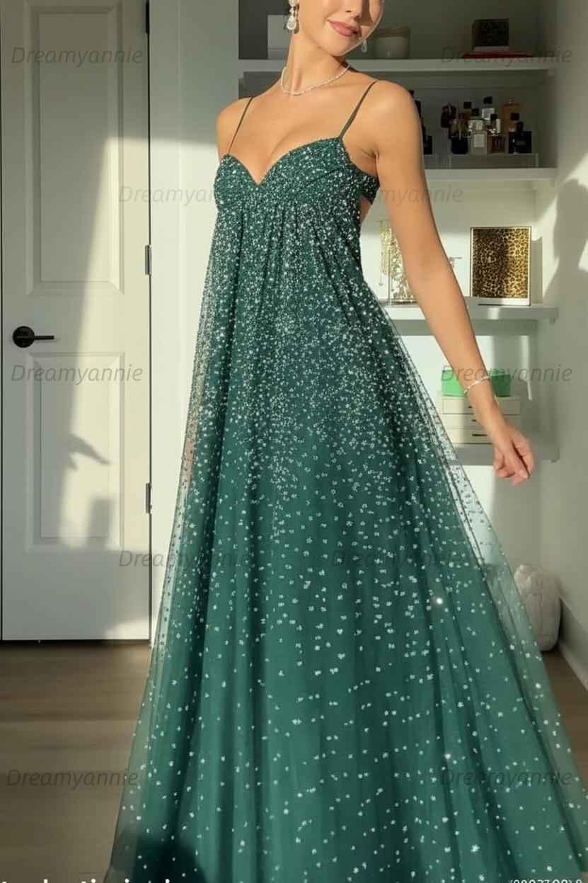 Bling A Line Spaghetti Straps Grey Blue Long Party Dress With Beading Formal Evening Gown