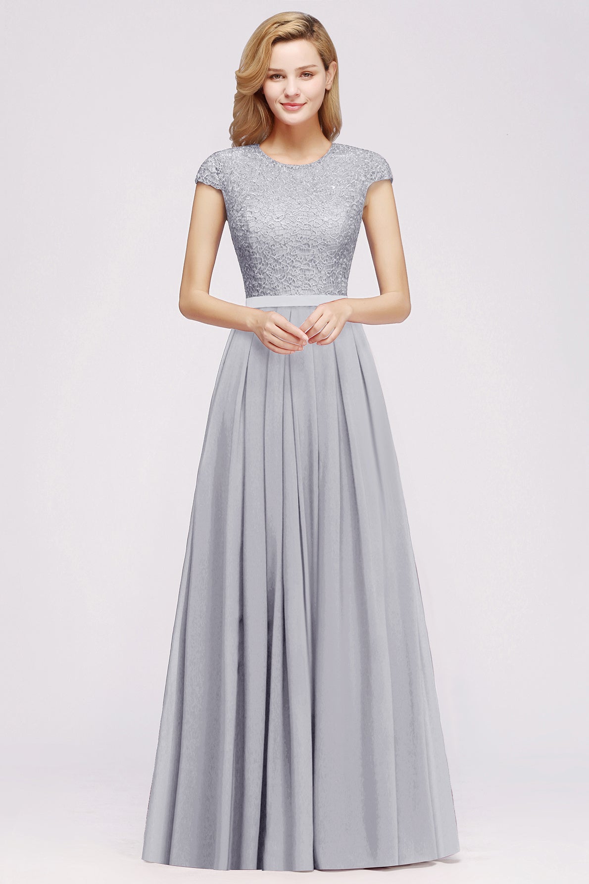 Grey Blue Lace Bridesmaid Dress Cap Sleeves Chiffon Mother of the Bride Dress