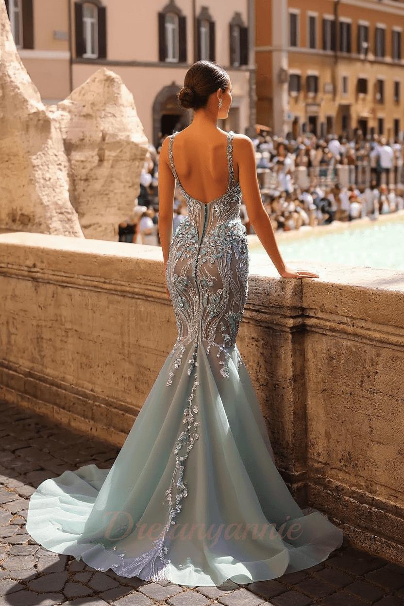 Grey Blue Straps Prom Dress Mermaid Beaded Lace Evening Dress with imitation Pearls