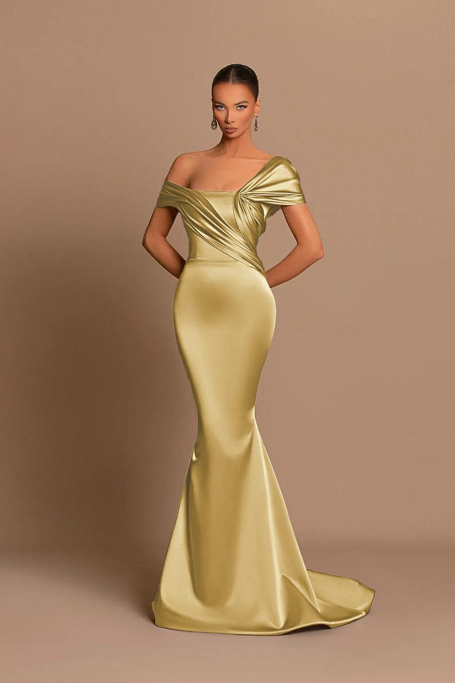 Grey Off The Shoulder Bateau Pleated Ball Gown Evening Dress