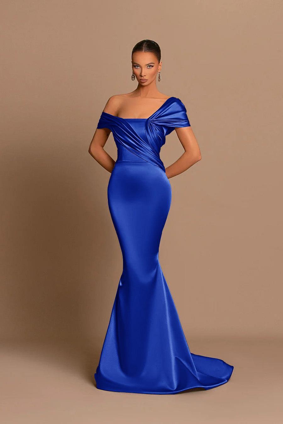 Grey Off The Shoulder Bateau Pleated Ball Gown Evening Dress
