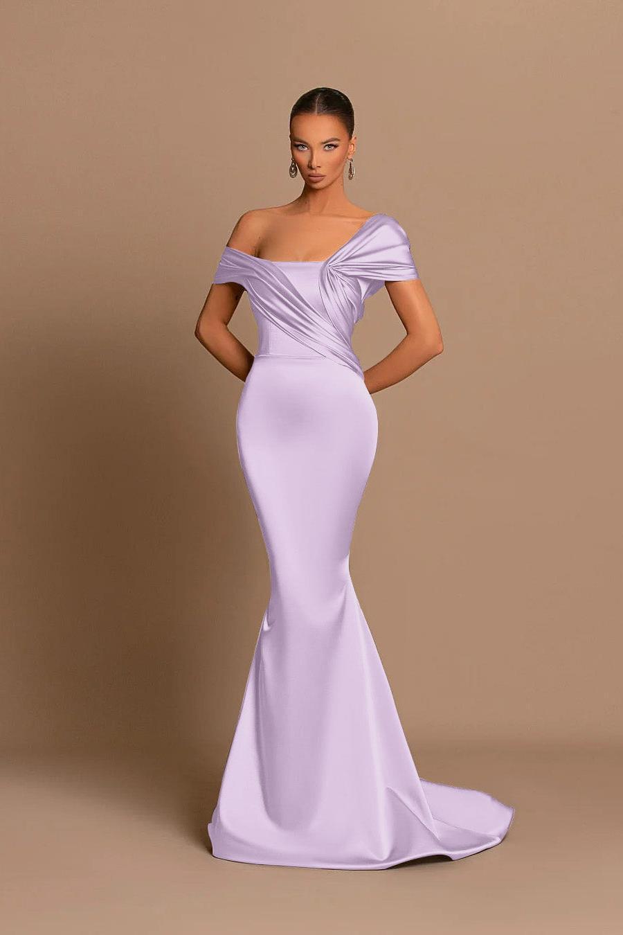 Grey Off The Shoulder Bateau Pleated Ball Gown Evening Dress