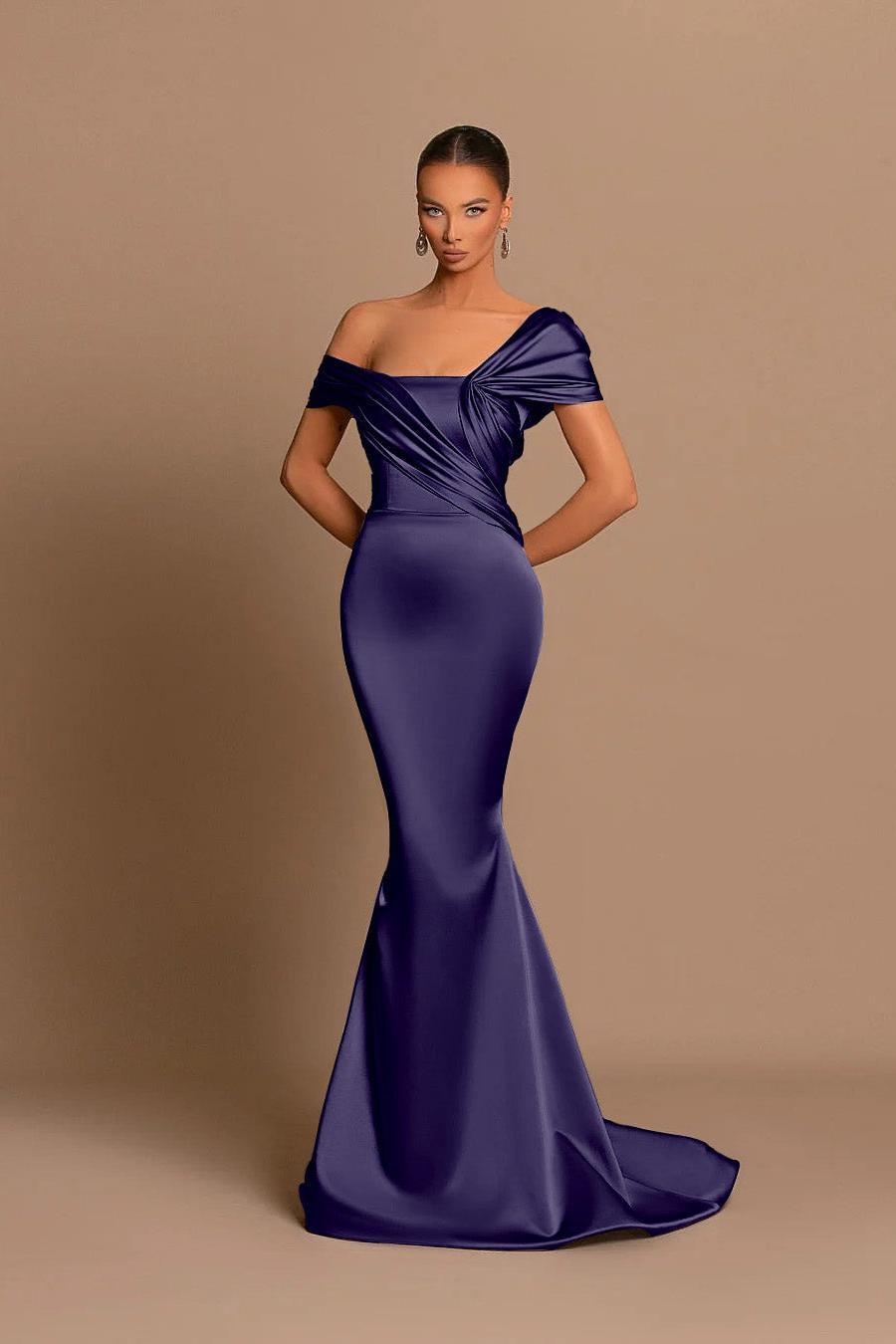 Grey Off The Shoulder Bateau Pleated Ball Gown Evening Dress