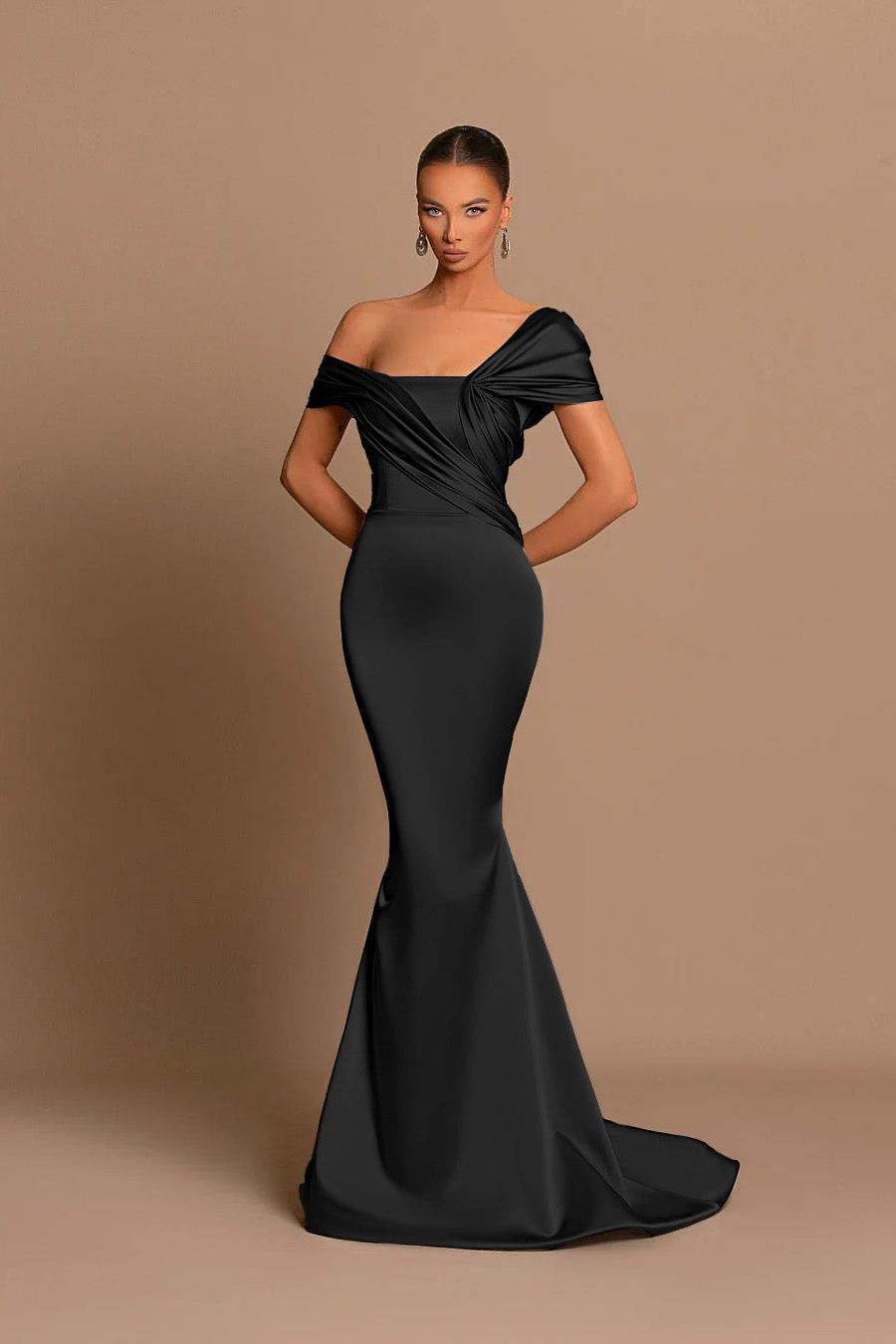 Grey Off The Shoulder Bateau Pleated Ball Gown Evening Dress