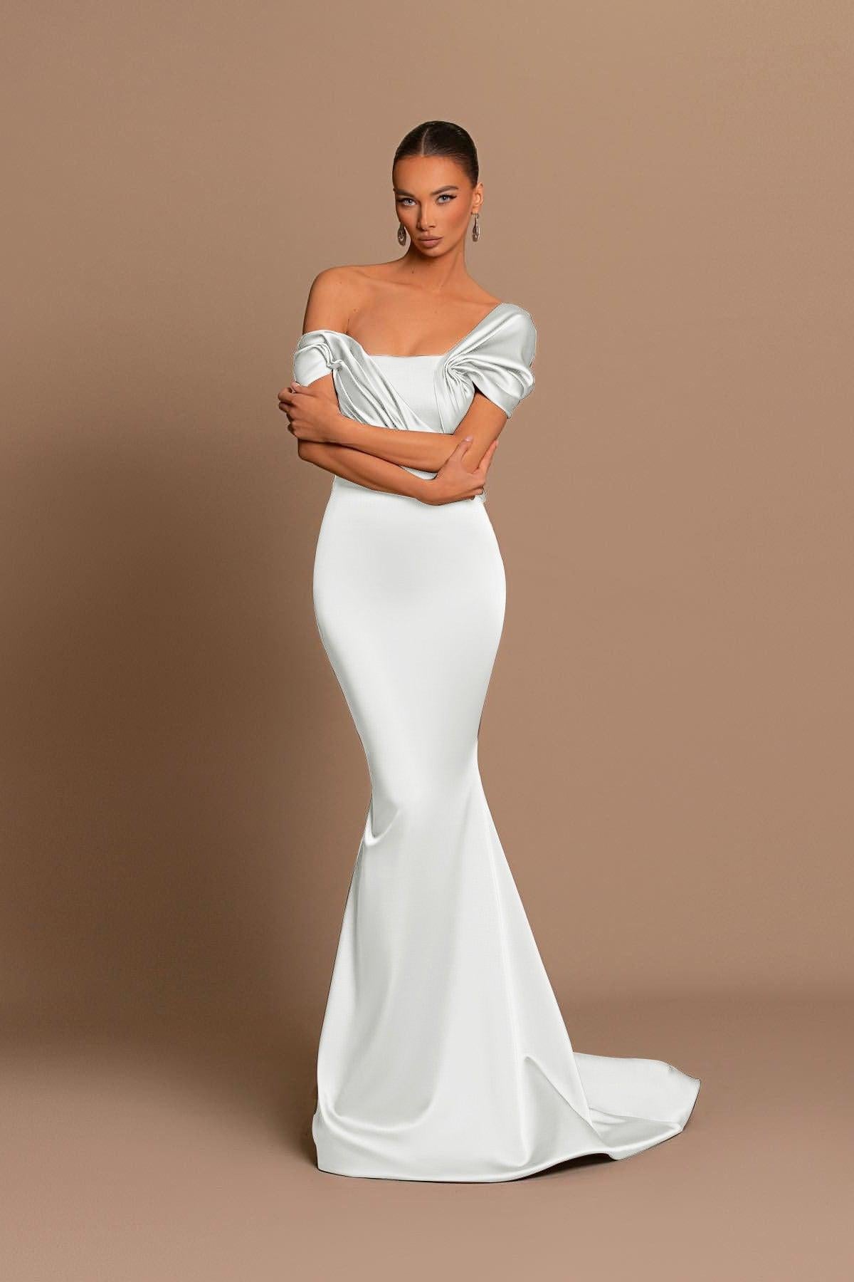 Grey Off The Shoulder Bateau Pleated Ball Gown Evening Dress