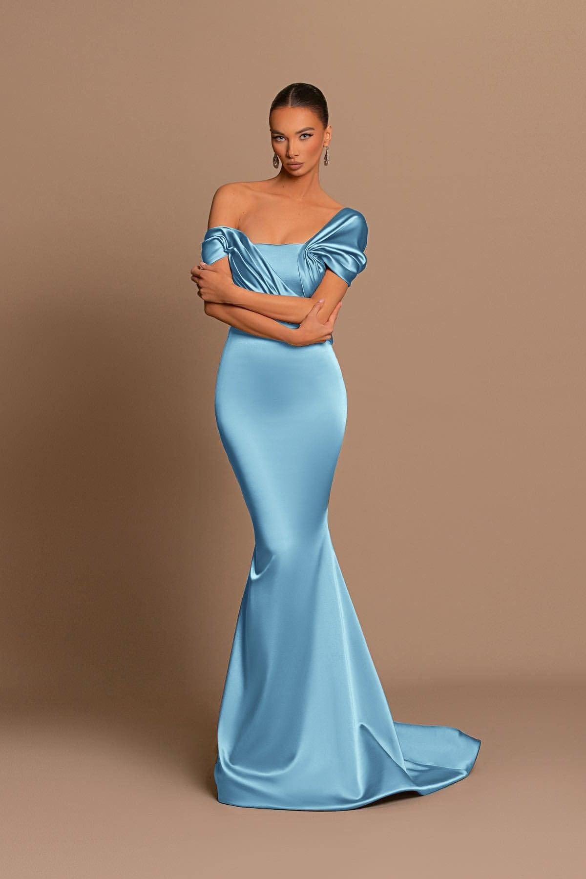 Grey Off The Shoulder Bateau Pleated Ball Gown Evening Dress