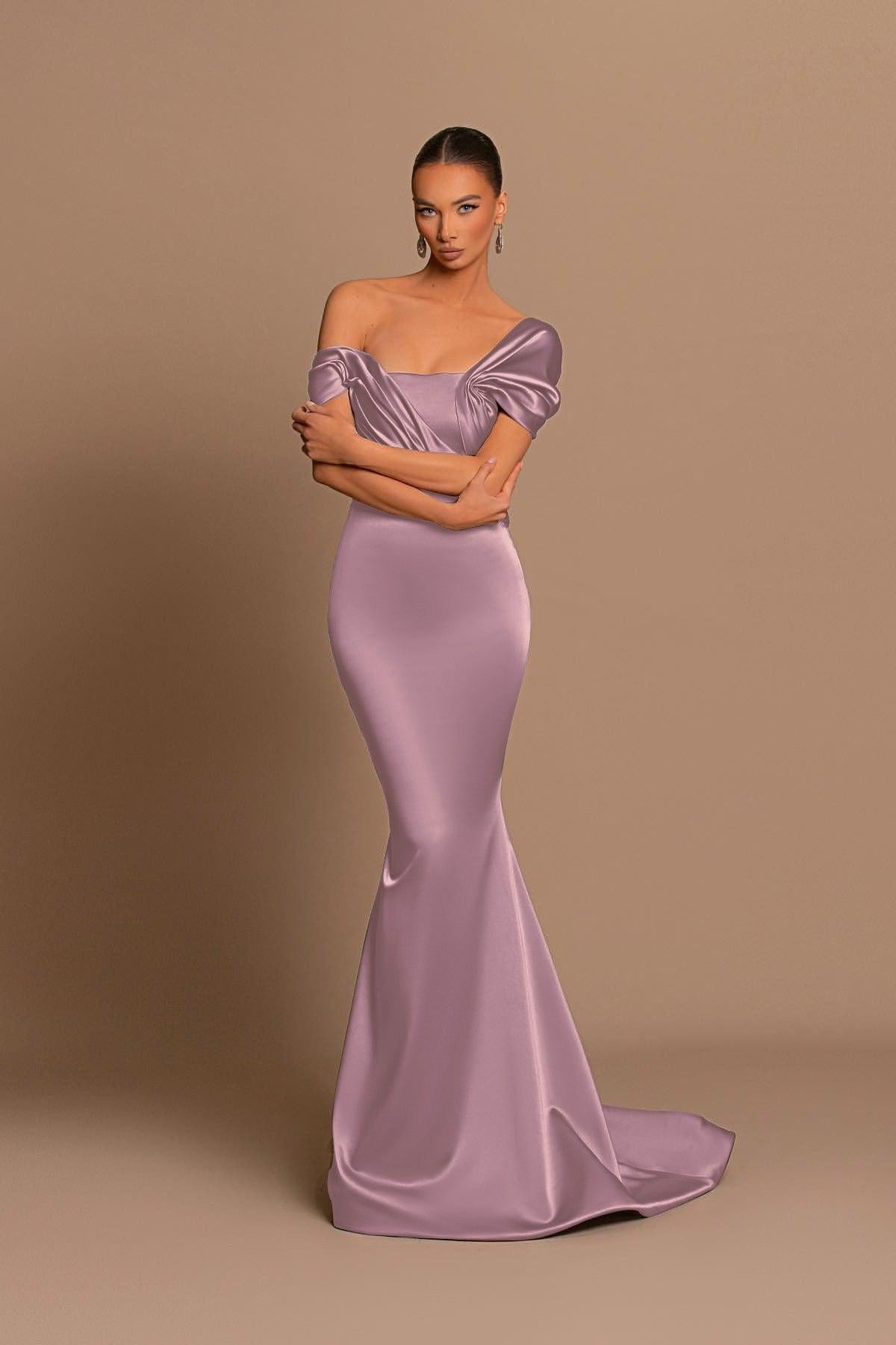 Grey Off The Shoulder Bateau Pleated Ball Gown Evening Dress