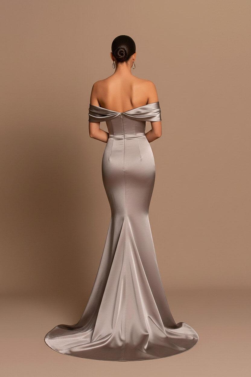 Grey Off The Shoulder Bateau Pleated Ball Gown Evening Dress