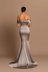 Grey Off The Shoulder Bateau Pleated Ball Gown Evening Dress