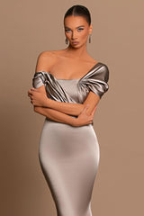 Grey Off The Shoulder Bateau Pleated Ball Gown Evening Dress