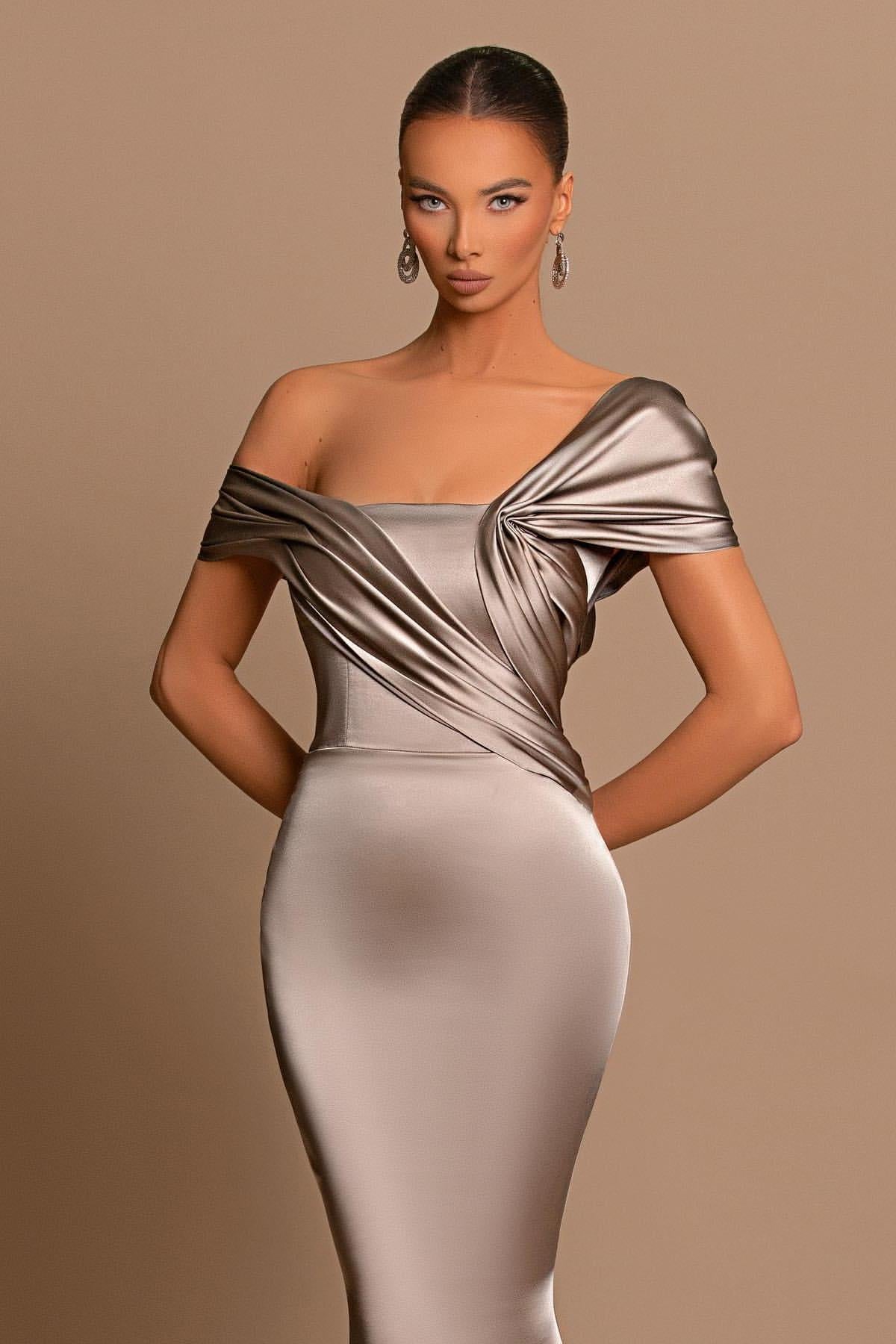 Grey Off The Shoulder Bateau Pleated Ball Gown Evening Dress