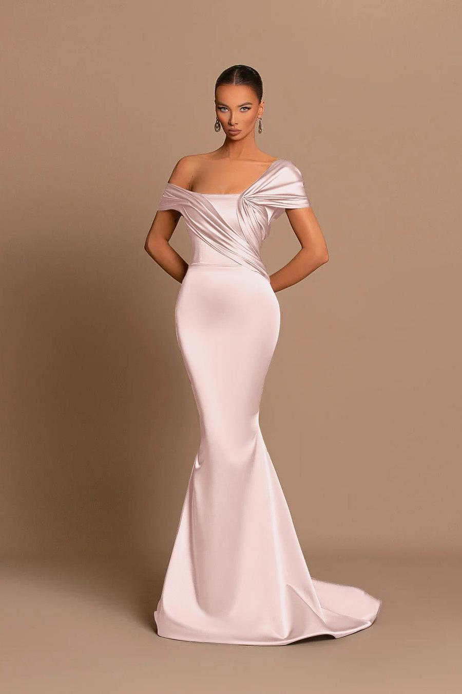 Grey Off The Shoulder Bateau Pleated Ball Gown Evening Dress
