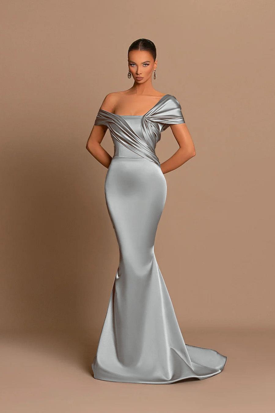 Grey Off The Shoulder Bateau Pleated Ball Gown Evening Dress