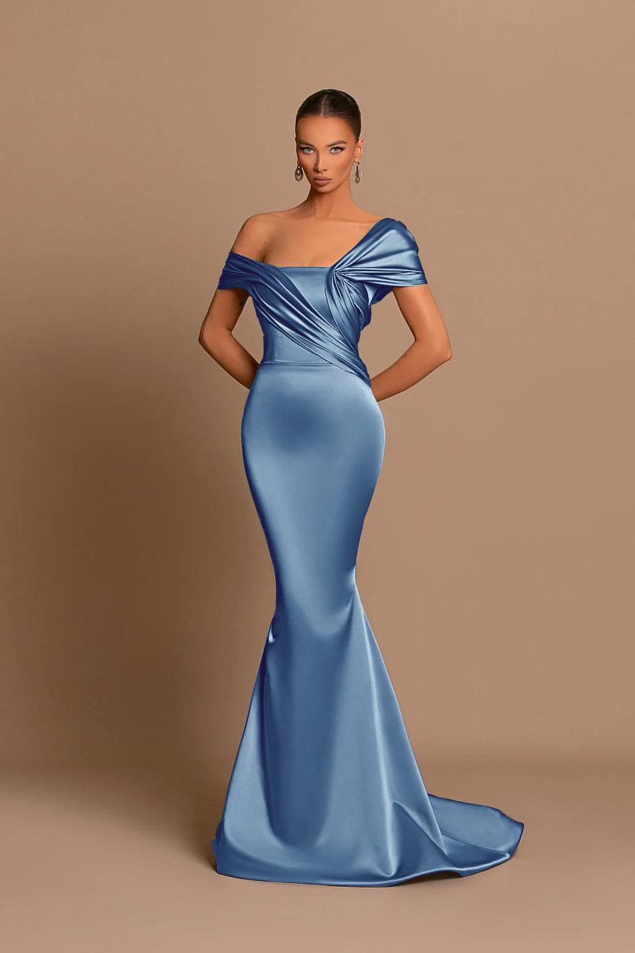 Grey Off The Shoulder Bateau Pleated Ball Gown Evening Dress